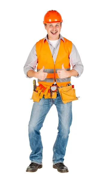 Builder Helmet Gesturing Two Thumbs Looking Camera White Wall Background — стоковое фото