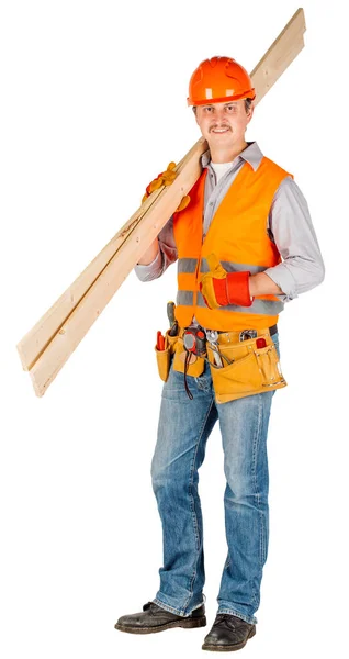 Builder Helmet Holding Wood Boards Looking Camera White Wall Background — Stock Photo, Image