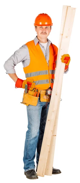 Builder Helmet Holding Wood Boards Looking Camera White Wall Background — Stock Photo, Image