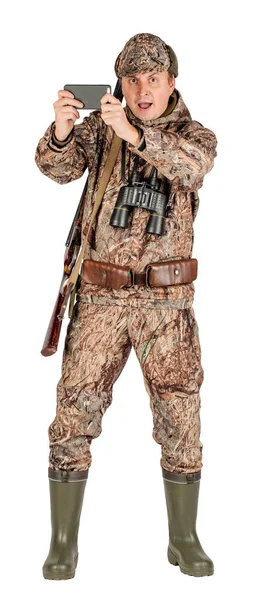 Full Length Portrait Male Hunter Double Barreled Shotgun Isolated White — Stock Photo, Image