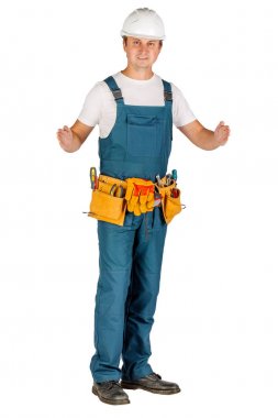 erkek Oluşturucusu'nu veya işçi kask beyaz duvar arka plan üzerinde içinde. onarım, inşaat, yapı, insanlar ve bakım kavramı