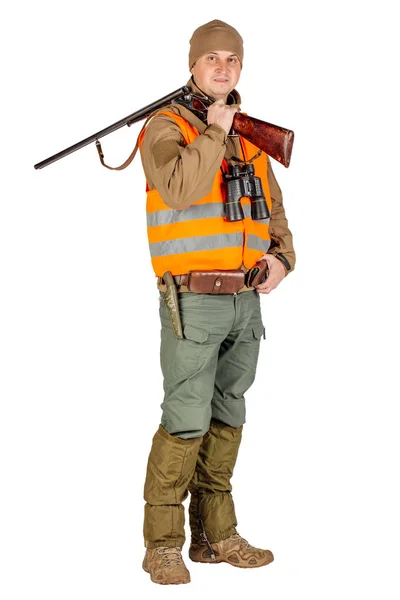 Retrato completo de un cazador masculino con escopeta de doble cañón Aislado sobre fondo blanco. caza y concepto de personas . — Foto de Stock