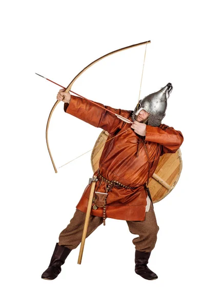 Portrait Medieval Slavic Soldier Holding Bow Arrow Image White Studio — Stock Photo, Image