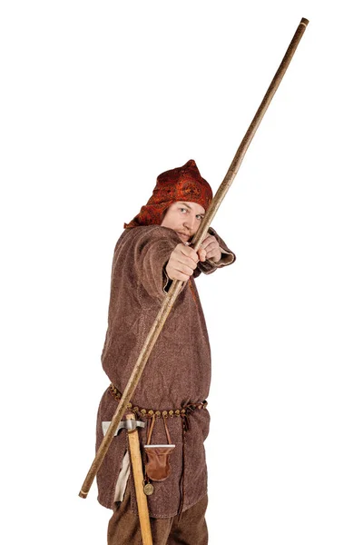 Portrait Medieval Slavic Soldier Holding Bow Arrow Image White Studio — Stock Photo, Image