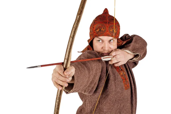 Retrato Soldado Eslavo Medieval Sosteniendo Arco Flecha Imagen Sobre Fondo — Foto de Stock