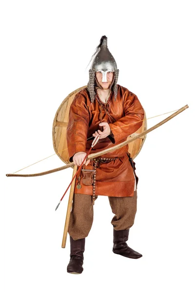 Portrait Medieval Slavic Soldier Holding Bow Arrow Image White Studio — Stock Photo, Image