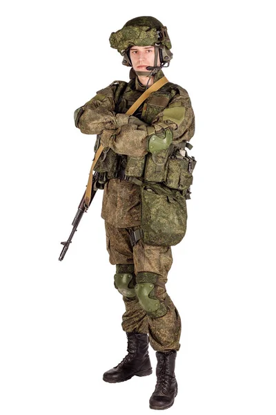 Soldat Moderner Russischer Spezialeinheiten Mit Gewehr Auf Dunklem Hintergrund Armee — Stockfoto