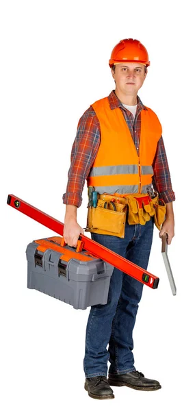 Obrero de la construcción en un casco con caja de herramientas y mirando vino — Foto de Stock