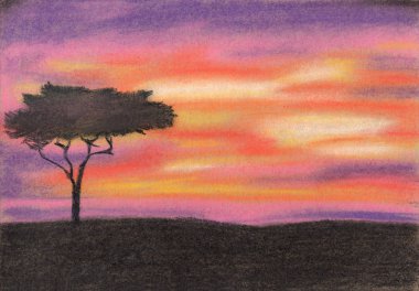 Günbatımı Afrika. Pastel boya