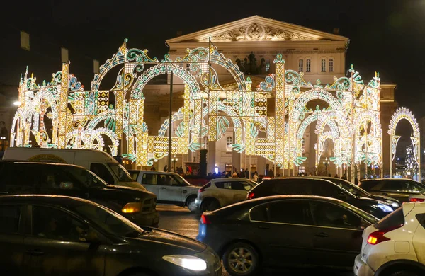Russia Mosca nel dicembre 2016. Teatro Bolshoy nel design di illuminazione di Capodanno — Foto Stock