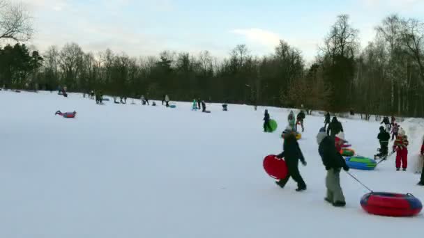 La descente de la colline sur un traîneau en hiver Timelapse — Video