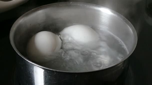Яйця відварюють у каструлі — стокове відео