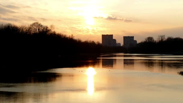 Zonsondergang weerspiegeling in het meer — Stockvideo