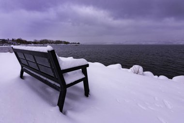 Kar kaplı park bankında Okanagan Gölü Batı Kelowna British Columbia Amerika Birleşik Devletleri