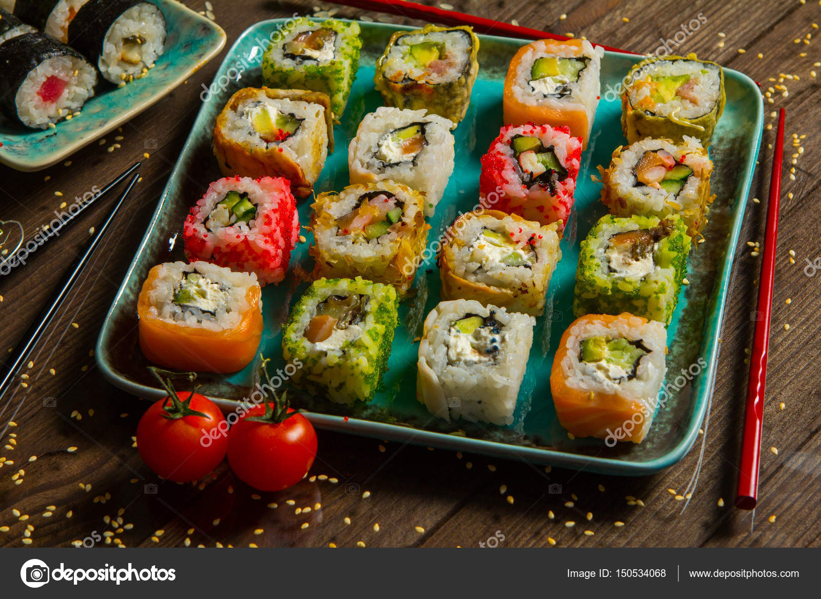 Different Kinds Of Sushi Roll Isolated On White Background