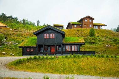 Geleneksel Norveç ahşap ev ayakta bir çim ve dağlar içinde belgili tanımlık geçmiş. Tipik Norveç ev. çatı çimen ile tipik Norveç ev.