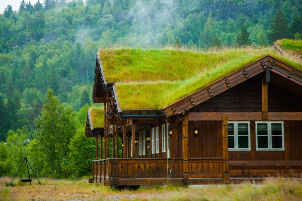 Geleneksel Norveç ahşap ev ayakta bir çim ve dağlar içinde belgili tanımlık geçmiş. Tipik Norveç ev. çatı çimen ile tipik Norveç ev. — Stok fotoğraf