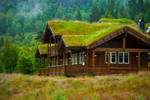 Παραδοσιακή νορβηγική ξύλινο σπίτι στέκεται σε έναν χορτοτάπητα και τα βουνά στο φόντο. Τυπικό σπίτι Νορβηγικά. τυπικό σπίτι Νορβηγικά με χόρτο στην οροφή. — Φωτογραφία Αρχείου