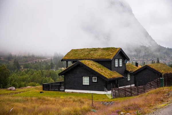 Tradiční norský dřevěný dům stojící na trávník a hory v pozadí. Typický norský dům. Typický norský dům s trávou na střeše. — Stock fotografie