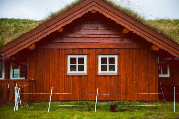 Geleneksel Norveç ahşap ev ayakta bir çim ve dağlar içinde belgili tanımlık geçmiş. Tipik Norveç ev. çatı çimen ile tipik Norveç ev.