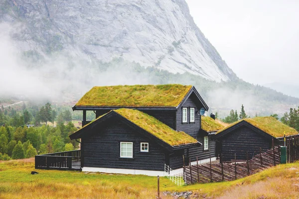 Geleneksel Norveç ahşap ev ayakta bir çim ve dağlar içinde belgili tanımlık geçmiş. Tipik Norveç ev. çatı çimen ile tipik Norveç ev.