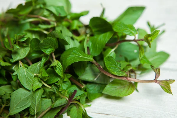 Beyaz arkaplanda izole edilmiş taze çiğ nane yaprakları