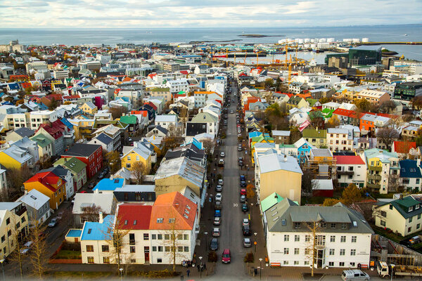 REYKJAVIK, ICELAND - OCTOBER 10, 2017: City of Reykjavik from above. Street of Reykjavik. Autumn in Iceland. Capital of Iceland.