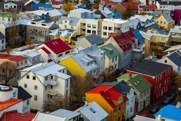 REYKJAVIK, ICELAND - OCTOBER 10, 2017: City of Reykjavik from above. Street of Reykjavik. Autumn in Iceland. Capital of Iceland.