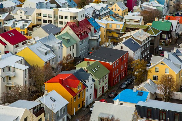 REYKJAVIK, ICELAND - OCTOBER 10, 2017: City of Reykjavik from above. Street of Reykjavik. Autumn in Iceland. Capital of Iceland.