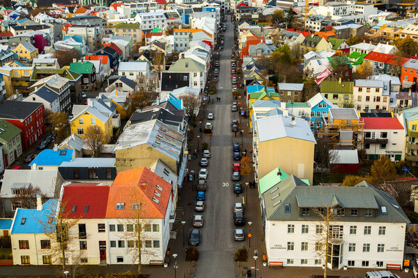 REYKJAVIK, ICELAND - OCTOBER 10, 2017: City of Reykjavik from above. Street of Reykjavik. Autumn in Iceland. Capital of Iceland.