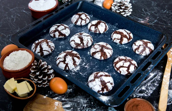 Chocolate cookies. chocolate cookies with ingredients around. Baking cake in rural kitchen - dough recipe ingredients.