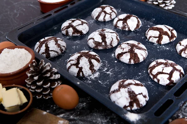 Chocolate cookies. chocolate cookies with ingredients around. Baking cake in rural kitchen - dough recipe ingredients.