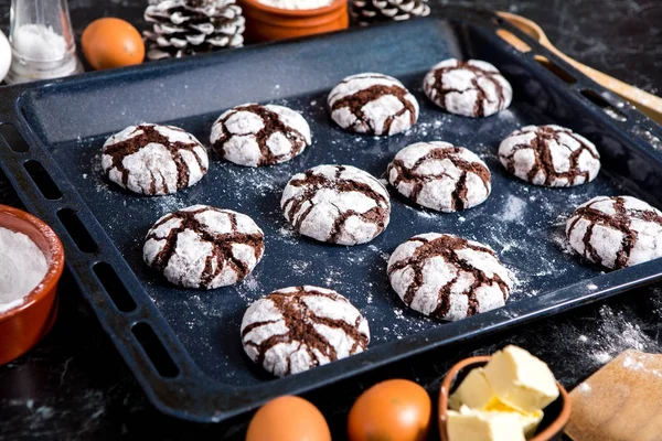 Chocolate cookies. chocolate cookies with ingredients around. Baking cake in rural kitchen - dough recipe ingredients.