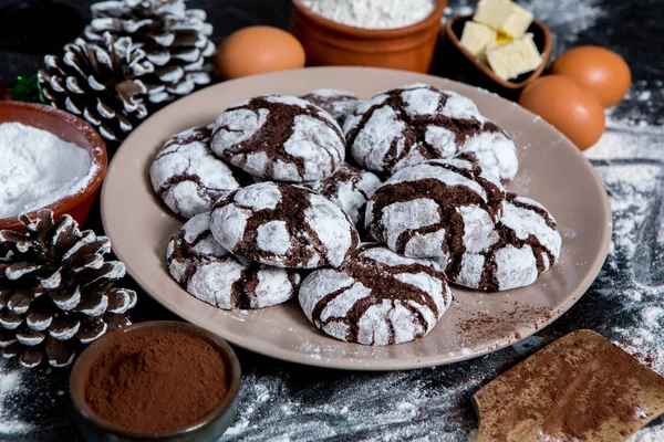 Chocolate cookies. chocolate cookies with ingredients around. Baking cake in rural kitchen - dough recipe ingredients.