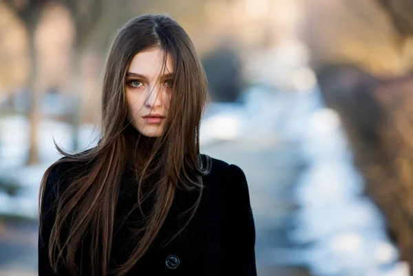 Joven Chica Atractiva Con Pelo Largo Posando Aire Libre Invierno —  Fotos de Stock