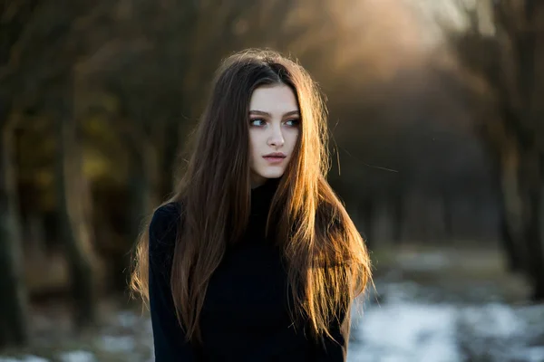 Ung Attraktiv Jente Med Langt Hår Som Poserer Utendørs Vinteren – stockfoto