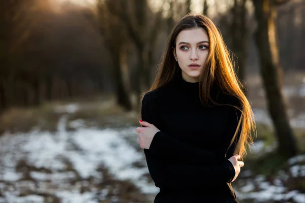 Молодая Привлекательная Девушка Длинными Волосами Позирует Открытом Воздухе Зимой Портрет — стоковое фото