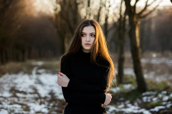 Junges Attraktives Mädchen Mit Langen Haaren Posiert Winter Draußen Schöne — Stockfoto