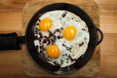 Kahvaltıda kızarmış yumurta. Pan pastırmalı kızarmış yumurta. İngiliz kahvaltısı