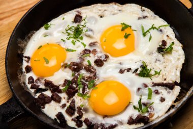 Kahvaltıda kızarmış yumurta. Pan pastırmalı kızarmış yumurta. İngiliz kahvaltısı