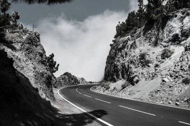 Tenerife güzel dağ yolu. Yol seyahat konsepti. Kiralık seyahat macera.