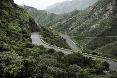 Tenerife güzel dağ yolu. Yol seyahat konsepti. Kiralık seyahat macera.