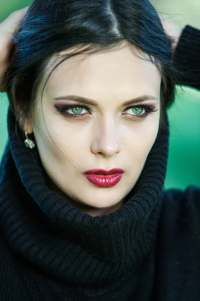 Portrait Girl Pulling Her Trendy Sweater Head Having Fun Outdoor — Stock Photo, Image