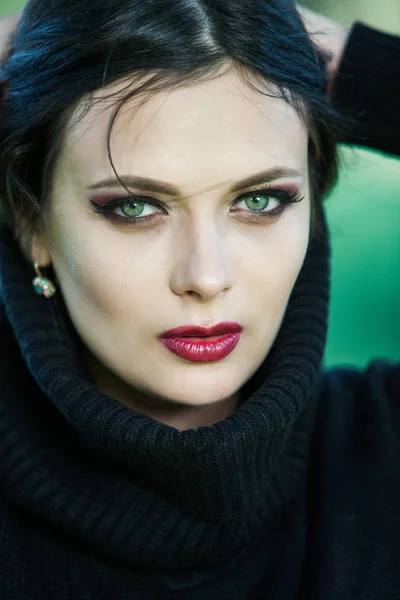 Portrait Girl Pulling Her Trendy Sweater Head Having Fun Outdoor — Stock Photo, Image