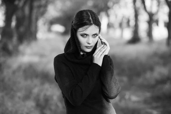 Portrait Girl Pulling Her Trendy Sweater Head Having Fun Outdoor — Stock Photo, Image