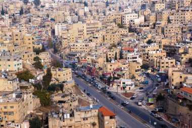 Ürdün 'ün başkenti Amman şehrinin havadan görünüşü. Amman 'ın Şehri.