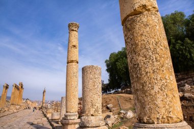 Ürdün 'ün Jerash şehrindeki Roma harabeleri. Modern şehrin hemen dışındaki duvarlarla çevrili Greko-Romen yerleşiminin kalıntıları. Jerash Arkeoloji Müzesi.