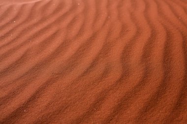 Ürdün 'deki Wadi Rum Çölü. Günbatımında. Kum tepeciğindeki güzel kum desenli panorama. Ürdün 'deki çöl manzarası.