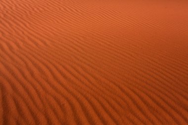 Ürdün 'deki Wadi Rum Çölü. Günbatımında. Kum tepeciğindeki güzel kum desenli panorama. Ürdün 'deki çöl manzarası.