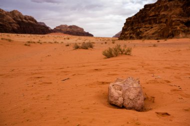 Ürdün 'deki Wadi Rum Çölü. Günbatımında. Kum tepeciğindeki güzel kum desenli panorama. Ürdün 'deki çöl manzarası.